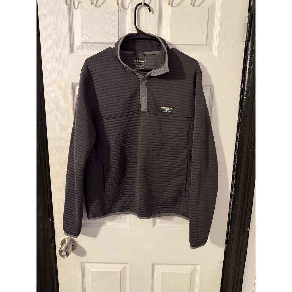 LL Bean Airlight Knit Pullover Mens Medium Gray Snap Neck Fleece 506874